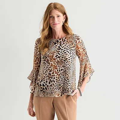 Black Label By Evan Picone Womens Round Neck 3/4 Sleeve Blouse In Gold