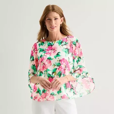 Black Label By Evan Picone Womens Round Neck 3/4 Sleeve Blouse In Multi