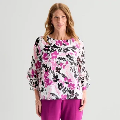 Black Label By Evan Picone Womens Round Neck 3/4 Sleeve Blouse In Multi