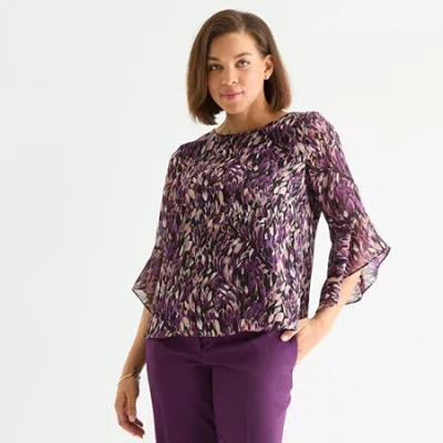 Black Label By Evan Picone Womens Round Neck 3/4 Sleeve Blouse In Purple