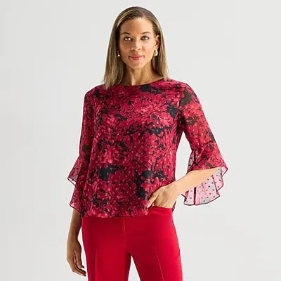 Black Label By Evan Picone Womens Round Neck 3/4 Sleeve Blouse In Red