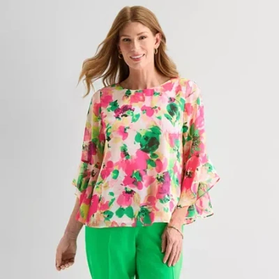 Black Label By Evan Picone Womens Round Neck 3/4 Sleeve Blouse In Multi