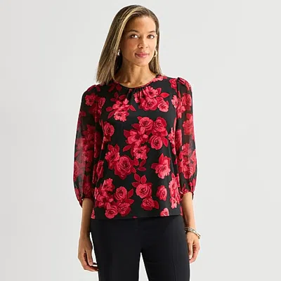 Black Label By Evan Picone Womens Round Neck Long Sleeve Blouse In Red