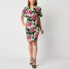 Black Label By Evan Picone Womens Short Sleeve Floral Sheath Dress In Black