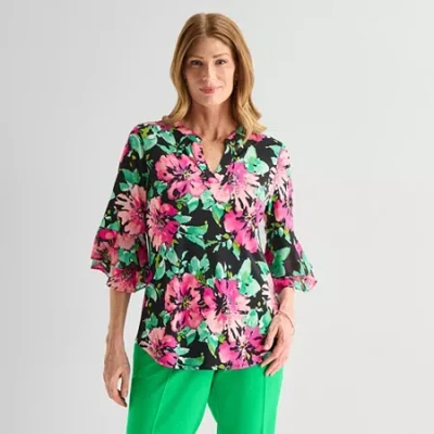 Black Label By Evan Picone Womens Split Crew Neck 3/4 Sleeve Blouse In Black