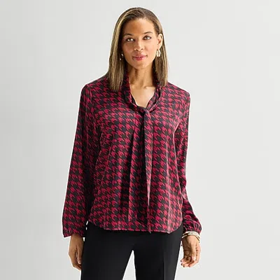 Black Label By Evan Picone Womens Split Tie Neck Long Sleeve Blouse In Black
