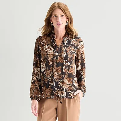 Black Label By Evan Picone Womens Split Tie Neck Long Sleeve Blouse In Brown