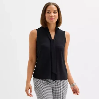 Black Label By Evan Picone Womens Split Tie Neck Sleeveless Blouse In Black