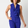 Black Label By Evan Picone Womens Split Tie Neck Sleeveless Blouse In Blue