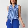 Black Label By Evan Picone Womens Split Tie Neck Sleeveless Blouse In Blue
