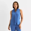 Black Label By Evan Picone Womens Split Tie Neck Sleeveless Blouse In Blue