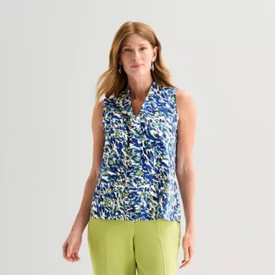 Black Label By Evan Picone Womens Split Tie Neck Sleeveless Blouse In Blue