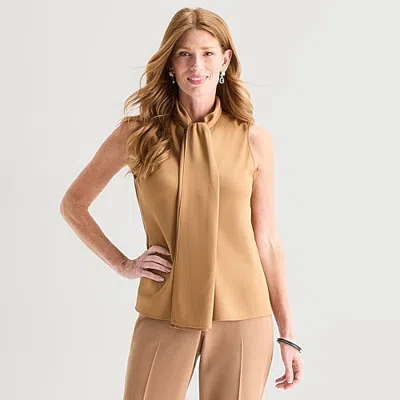 Black Label By Evan Picone Womens Split Tie Neck Sleeveless Blouse In Brown