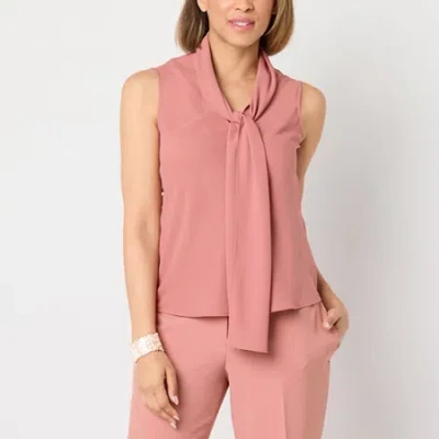 Black Label By Evan Picone Womens Split Tie Neck Sleeveless Blouse In Pink