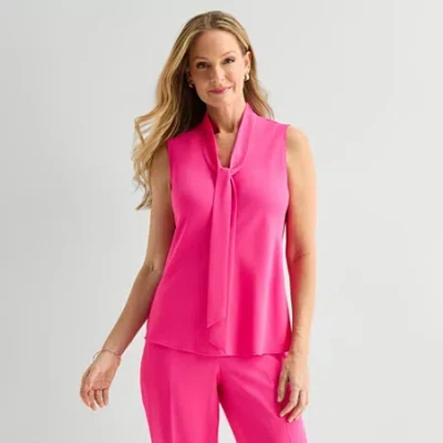 Black Label By Evan Picone Womens Split Tie Neck Sleeveless Blouse In Pink