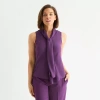 Black Label By Evan Picone Womens Split Tie Neck Sleeveless Blouse In Purple