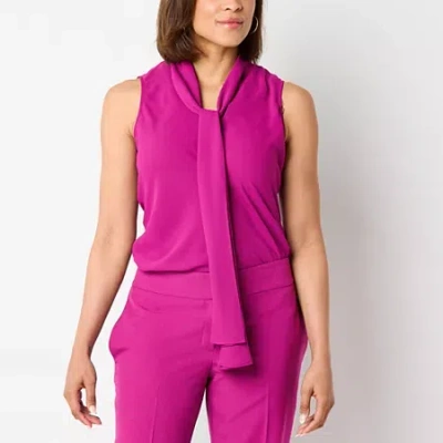 Black Label By Evan Picone Womens Split Tie Neck Sleeveless Blouse In Purple