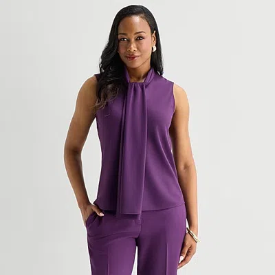 Black Label By Evan Picone Womens Split Tie Neck Sleeveless Blouse In Purple