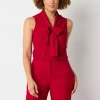 Black Label By Evan Picone Womens Split Tie Neck Sleeveless Blouse In Red