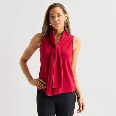 Black Label By Evan Picone Womens Split Tie Neck Sleeveless Blouse In Red