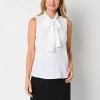 Black Label By Evan Picone Womens Split Tie Neck Sleeveless Blouse In White