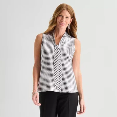 Black Label By Evan Picone Womens Split Tie Neck Sleeveless Satin Blouse In White