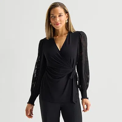 Black Label By Evan Picone Womens V Neck Long Sleeve Blouse In Black