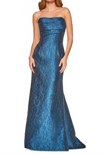 Black Label Leila Draped Strapless Trumpet Gown In Brocade Navy In Blue