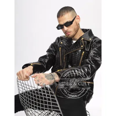 Pre-owned Black Men's  Patent Croc Embossed Vinyl Effect Slim Fit Motorcycle Biker Gold Zip