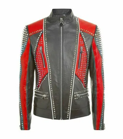 Pre-owned Black Men  Red Silver Studded Zippered Classic Punk Biker Leather Jacket