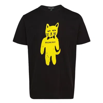 Black Score Balenciaga Cat Graphic Tee In Black