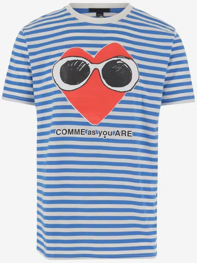 Black Score Cotton T Shirt With Print And Striped Pattern