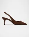 Black Suede Studio Alloy Pointed Toe Slingback Pump In Brown Kid Suede