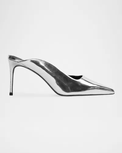 Black Suede Studio Asymmetrical Leather Stiletto Mule Pumps In Silver Mirror