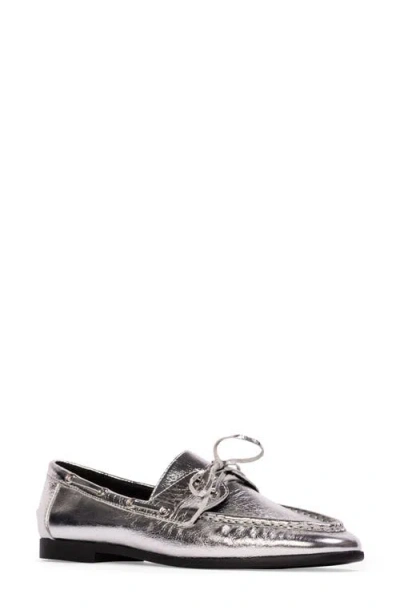 Black Suede Studio Davy Boat Shoe In Silver Crinkle