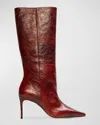 Black Suede Studio Friday 80 Pointed Toe Knee High Boot In Rust Crinkled Patent Leather
