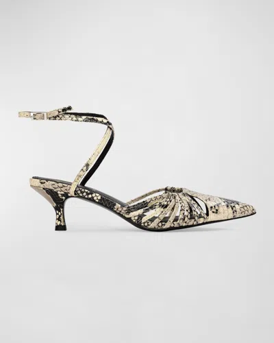 Black Suede Studio Grazia Leather Strappy Kitten Pumps In Peyote Snake Leather