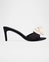 Black Suede Studio Josey Metallic Satin Rosette Mule Sandals In Black Satin/coconut Rosette