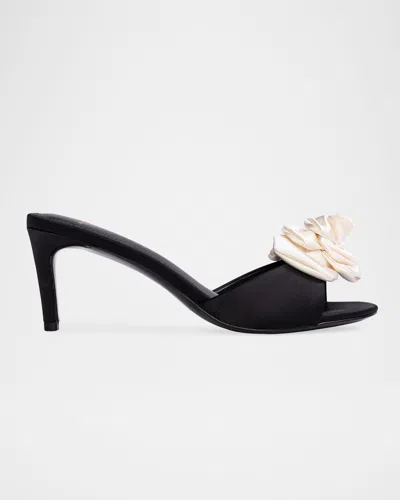 Black Suede Studio Josey Metallic Satin Rosette Mule Sandals In Black Satin, Coconut Rosette
