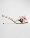 Black Suede Studio Josey Metallic Satin Rosette Mule Sandals In Silver Mirror Metallic/lotus Satin Flower