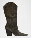 Black Suede Studio Le Noa 100 Pointed Toe Knee High Boot In Dark Brown Distressed Nubuck