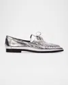 Black Suede Studio Leather Lace-up Boat Loafers In Silver Crinkle Leather