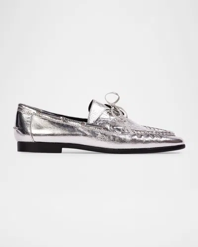 Black Suede Studio Leather Lace-up Boat Loafers In Silver Crinkle Leather