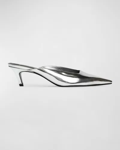 Black Suede Studio Logan Leather Kitten Mule Pumps In Silver