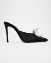 Black Suede Studio Luv Crystal Stud Mule Pumps In Black Satin/coconut Rosette