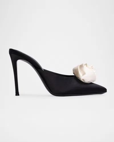 Black Suede Studio Luv Crystal Stud Mule Pumps In Black Satin, Coconut Rosette