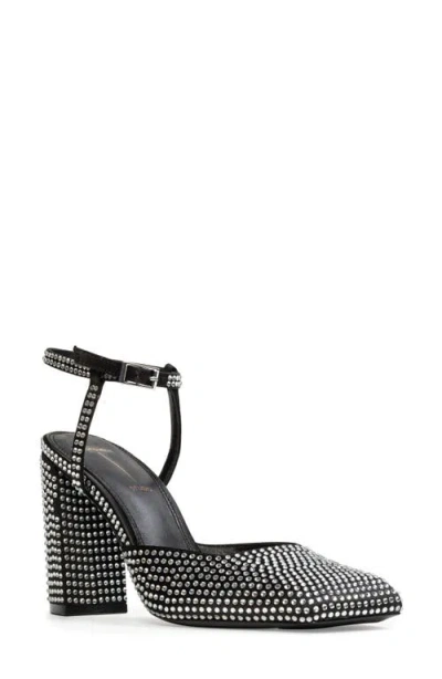 Black Suede Studio Meadow 90 Ankle Strap Pump In Black Satin/embellished