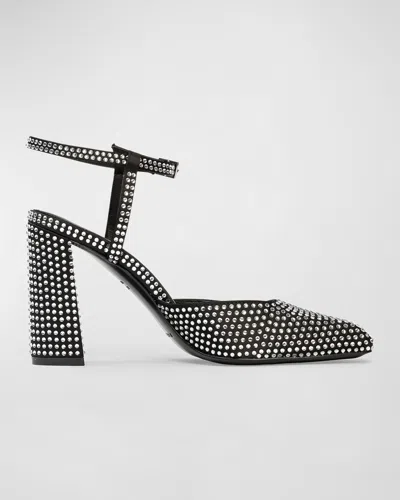 Black Suede Studio Meadow Metallic Ankle-strap Pumps In Black Satin, Embellished
