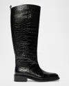 Black Suede Studio Pace Tall Boot In Black Croco Leather