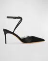 Black Suede Studio Satin Lace Ankle-strap Pumps In Black Satin &amp; Lace